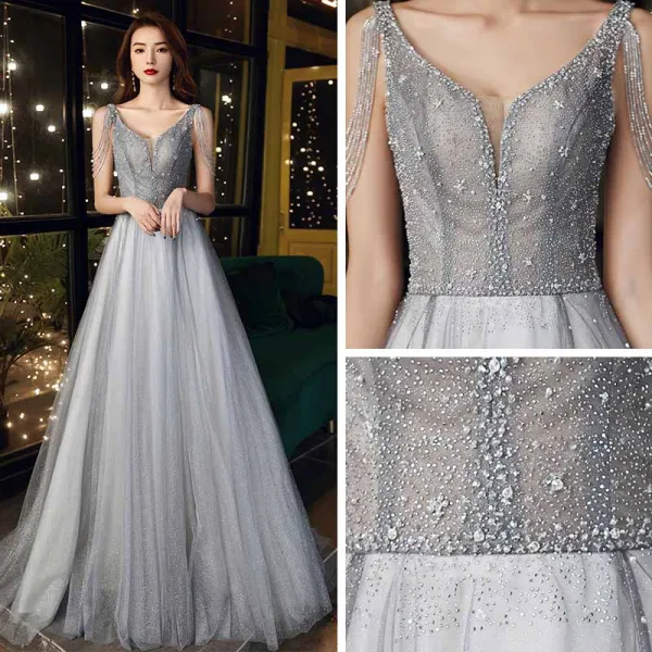Bling Bling Grey Prom Dresses 2021 A-Line / Princess Deep V-Neck Sleeveless Beading Rhinestone Glitter Tulle Sweep Train Ruffle Backless Formal Dresses
