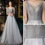 Bling Bling Grey Prom Dresses 2021 A-Line / Princess Deep V-Neck Sleeveless Beading Rhinestone Glitter Tulle Sweep Train Ruffle Backless Formal Dresses