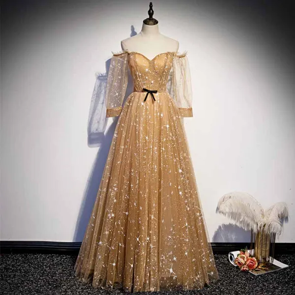 Gold Star Prom Dresses 2021 A-Line / Princess Off-The-Shoulder Puffy Long Sleeve Beading Floor-Length / Long Ruffle Backless Formal Dresses