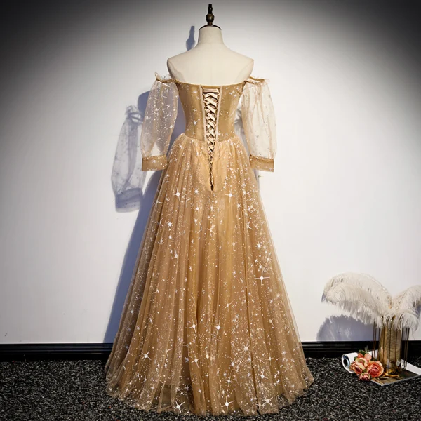 Gold Star Prom Dresses 2021 A-Line / Princess Off-The-Shoulder Puffy Long Sleeve Beading Floor-Length / Long Ruffle Backless Formal Dresses