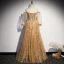 Gold Star Prom Dresses 2021 A-Line / Princess Off-The-Shoulder Puffy Long Sleeve Beading Floor-Length / Long Ruffle Backless Formal Dresses