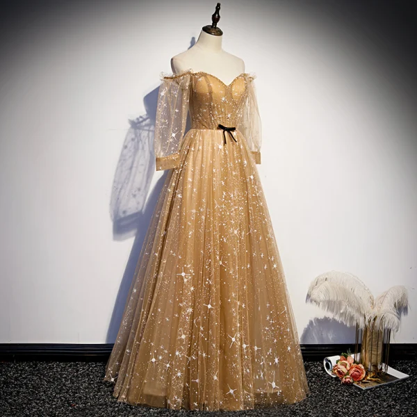 Gold Star Prom Dresses 2021 A-Line / Princess Off-The-Shoulder Puffy Long Sleeve Beading Floor-Length / Long Ruffle Backless Formal Dresses