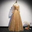 Gold Star Prom Dresses 2021 A-Line / Princess Off-The-Shoulder Puffy Long Sleeve Beading Floor-Length / Long Ruffle Backless Formal Dresses