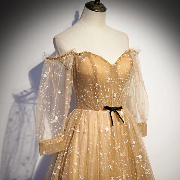 Gold Star Prom Dresses 2021 A-Line / Princess Off-The-Shoulder Puffy Long Sleeve Beading Floor-Length / Long Ruffle Backless Formal Dresses