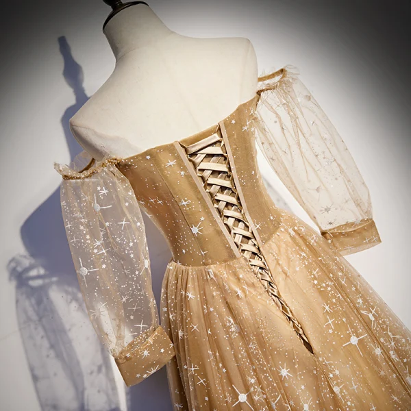 Gold Star Prom Dresses 2021 A-Line / Princess Off-The-Shoulder Puffy Long Sleeve Beading Floor-Length / Long Ruffle Backless Formal Dresses