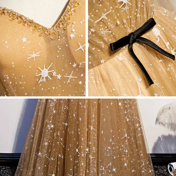 Gold Star Prom Dresses 2021 A-Line / Princess Off-The-Shoulder Puffy Long Sleeve Beading Floor-Length / Long Ruffle Backless Formal Dresses