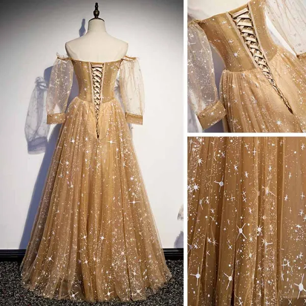 Gold Star Prom Dresses 2021 A-Line / Princess Off-The-Shoulder Puffy Long Sleeve Beading Floor-Length / Long Ruffle Backless Formal Dresses