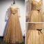 Gold Star Prom Dresses 2021 A-Line / Princess Off-The-Shoulder Puffy Long Sleeve Beading Floor-Length / Long Ruffle Backless Formal Dresses
