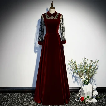 Vintage Originale Bordeaux Velour Hiver Dansant Robe De Bal 2021 Princesse Col Haut Tachetée Manches Longues Longue Volants Robe De Ceremonie