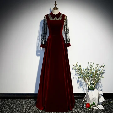 Vintage Originale Bordeaux Velour Hiver Dansant Robe De Bal 2021 Princesse Col Haut Tachetée Manches Longues Longue Volants Robe De Ceremonie