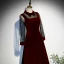 Vintage / Retro Burgundy Velour Winter Dancing Prom Dresses 2021 A-Line / Princess High Neck Spotted Long Sleeve Floor-Length / Long Ruffle Formal Dresses
