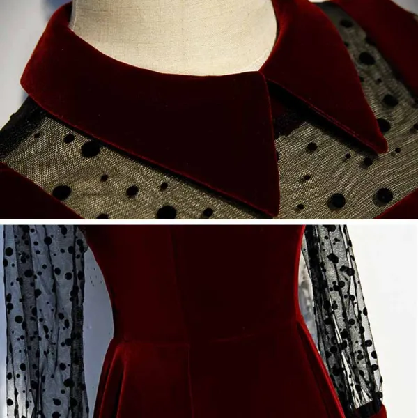 Vintage / Retro Burgundy Velour Winter Dancing Prom Dresses 2021 A-Line / Princess High Neck Spotted Long Sleeve Floor-Length / Long Ruffle Formal Dresses