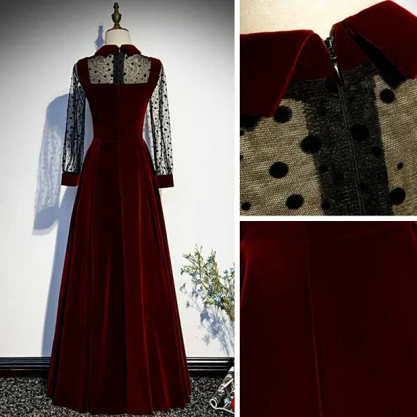 Vintage / Retro Burgundy Velour Winter Dancing Prom Dresses 2021 A-Line / Princess High Neck Spotted Long Sleeve Floor-Length / Long Ruffle Formal Dresses