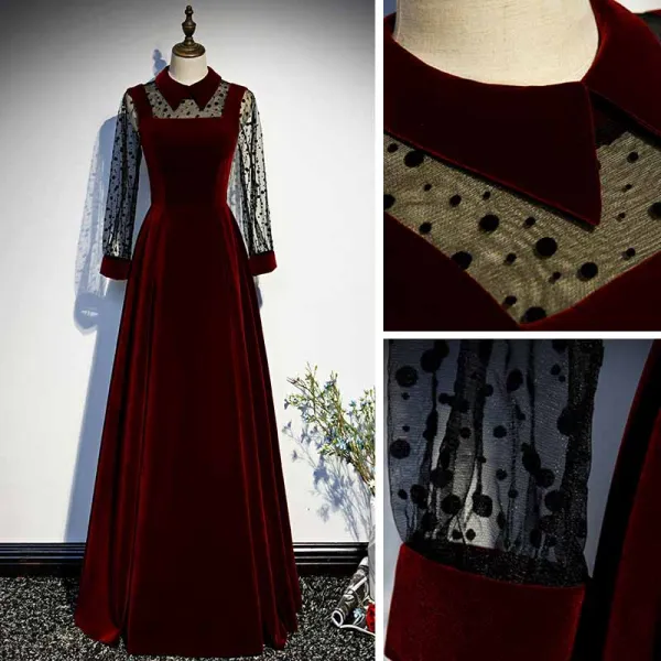 Vintage / Retro Burgundy Velour Winter Dancing Prom Dresses 2021 A-Line / Princess High Neck Spotted Long Sleeve Floor-Length / Long Ruffle Formal Dresses
