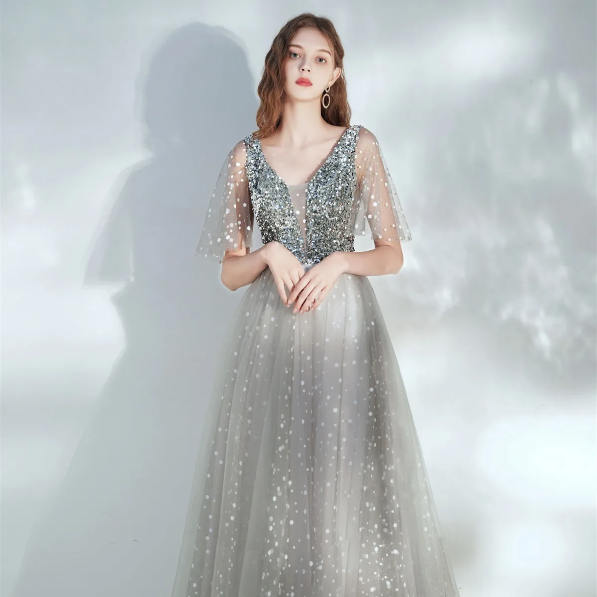 elegant silver prom dresses Long Sequin Formal Dress with Long Sleeves– PromGirl