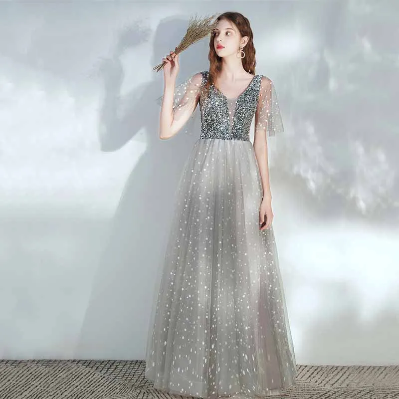 a-line/princess paillette tulle v-neck floor-length sleeveless dresses Lavetir A-Line/Princess Scoop Neck 3/4 Sleeve Asymmetrical Mother of the Bride  Dresses 12011206 main image 0