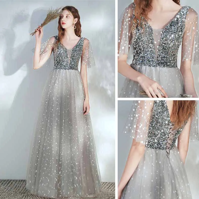 Elegant Silver Dancing Prom Dresses 2021 A-Line Princess Deep V-Neck Sleeveless Sequins