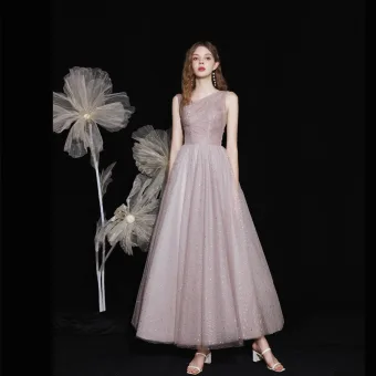 Bling Bling Blushing Pink Dancing Prom Dresses 2021 A Line Princess V Neck Sleeveless Sequins Glitter Tulle Ankle Length Backless Formal Dresses