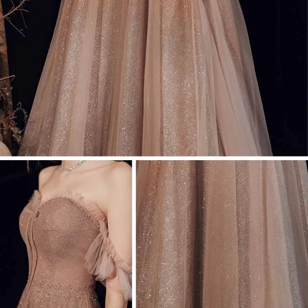 Sparkly Champagne Gradient-Farge Dancing Ballkjoler 2021 Prinsesse Kjæreste Korte Ermer Beading Glitter Tyll Lange Buste Ryggløse Formelle Kjoler
