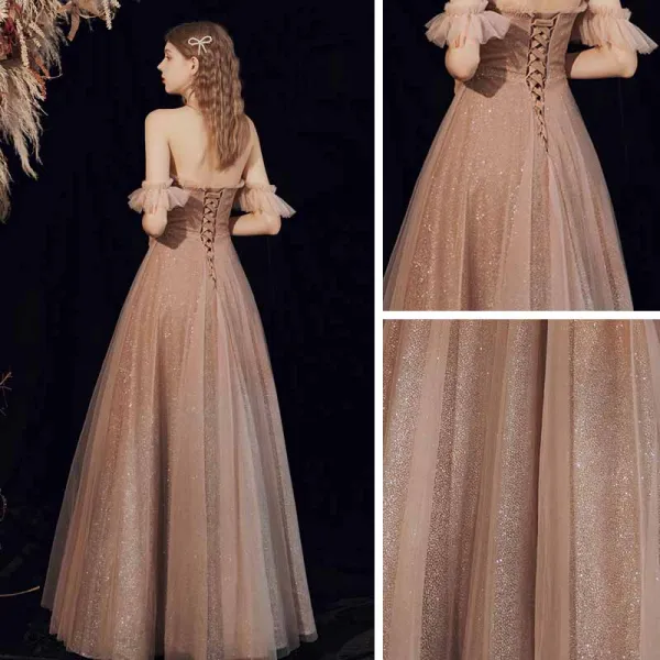Sparkly Champagne Gradient-Farge Dancing Ballkjoler 2021 Prinsesse Kjæreste Korte Ermer Beading Glitter Tyll Lange Buste Ryggløse Formelle Kjoler