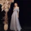 Chic / Beautiful Grey Glitter Prom Dresses 2021 A-Line / Princess Off-The-Shoulder Short Sleeve Beading Floor-Length / Long Ruffle Backless Formal Dresses