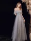 Chic / Beautiful Grey Glitter Prom Dresses 2021 A-Line / Princess Off-The-Shoulder Short Sleeve Beading Floor-Length / Long Ruffle Backless Formal Dresses