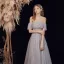 Chic / Beautiful Grey Glitter Prom Dresses 2021 A-Line / Princess Off-The-Shoulder Short Sleeve Beading Floor-Length / Long Ruffle Backless Formal Dresses