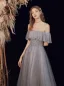 Chic / Beautiful Grey Glitter Prom Dresses 2021 A-Line / Princess Off-The-Shoulder Short Sleeve Beading Floor-Length / Long Ruffle Backless Formal Dresses
