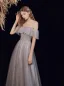 Chic / Beautiful Grey Glitter Prom Dresses 2021 A-Line / Princess Off-The-Shoulder Short Sleeve Beading Floor-Length / Long Ruffle Backless Formal Dresses