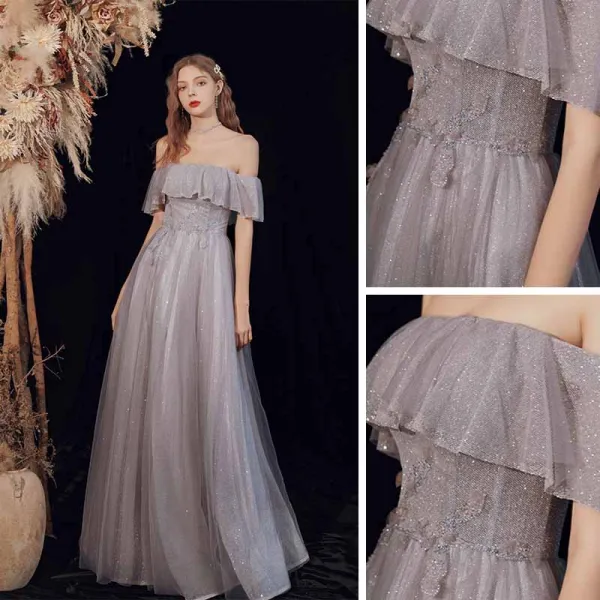 Chic / Beautiful Grey Glitter Prom Dresses 2021 A-Line / Princess Off-The-Shoulder Short Sleeve Beading Floor-Length / Long Ruffle Backless Formal Dresses