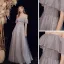 Chic / Beautiful Grey Glitter Prom Dresses 2021 A-Line / Princess Off-The-Shoulder Short Sleeve Beading Floor-Length / Long Ruffle Backless Formal Dresses