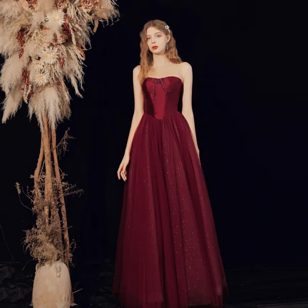 Elegant Burgundy See-through Dancing Prom Dresses 2021 A-Line / Princess Sweetheart Sleeveless Beading Glitter Tulle Floor-Length / Long Ruffle Formal Dresses