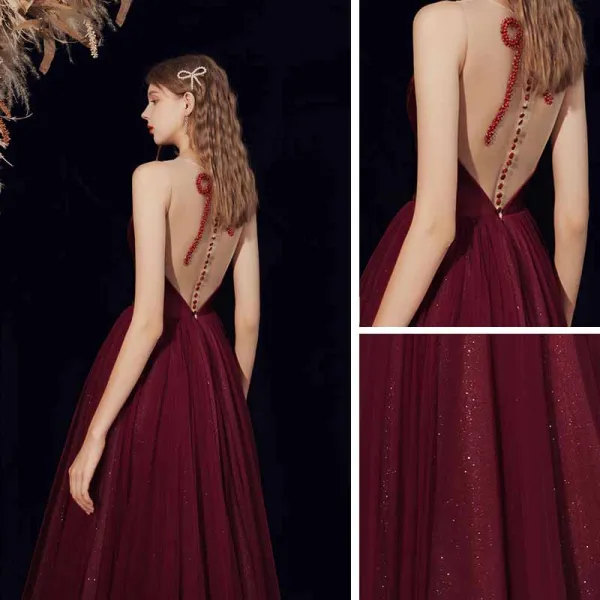 Elegant Burgunder Gjennomsiktig Dancing Ballkjoler 2021 Prinsesse Kjæreste Uten Ermer Beading Glitter Tyll Lange Buste Formelle Kjoler