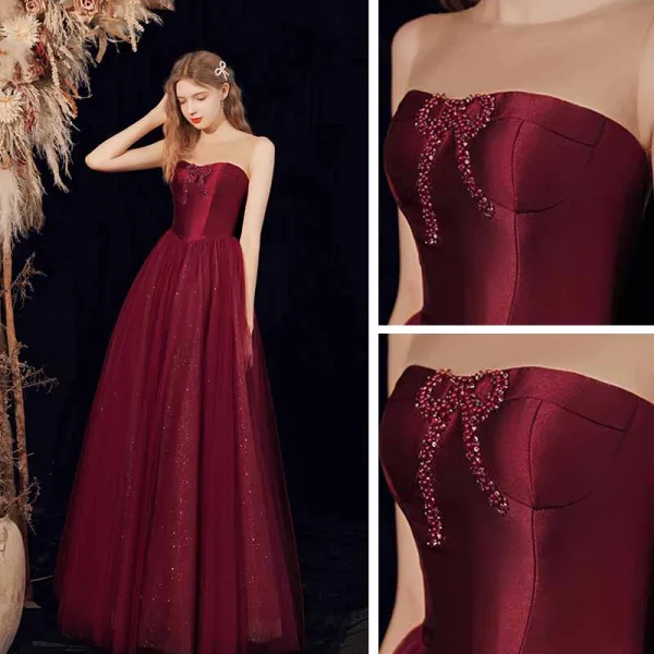 Elegant Burgunder Gjennomsiktig Dancing Ballkjoler 2021 Prinsesse Kjæreste Uten Ermer Beading Glitter Tyll Lange Buste Formelle Kjoler