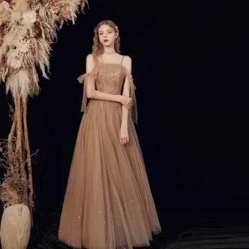 Best Brown Glitter Prom Dresses 2021 A Line Princess Spaghetti Straps Short Sleeve Sequins Beading Floor Length Long Ruffle Backless Formal Dresses