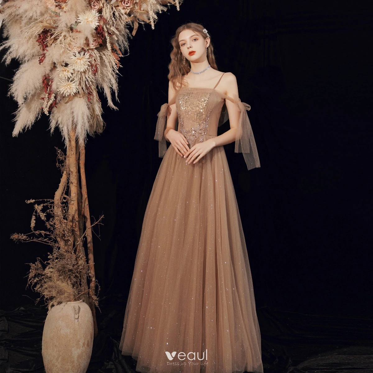 Best Brown Glitter Prom Dresses 2021 A Line Princess Spaghetti Straps Short  Sleeve Sequins Beading Floor Length Long Ruffle Backless Formal Dresses