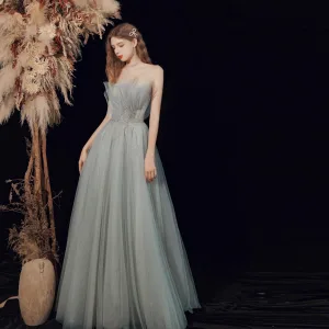 Elegant Salvie Grønn Dancing Ballkjoler 2021 Prinsesse Strapless Uten Ermer Beading Glitter Tyll Lange Buste Ryggløse Formelle Kjoler