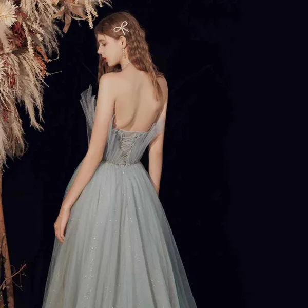 Élégant Vert Cendré Dansant Robe De Bal 2021 Princesse Bustier Sans Manches Perlage Glitter Tulle Longue Volants Dos Nu Robe De Ceremonie