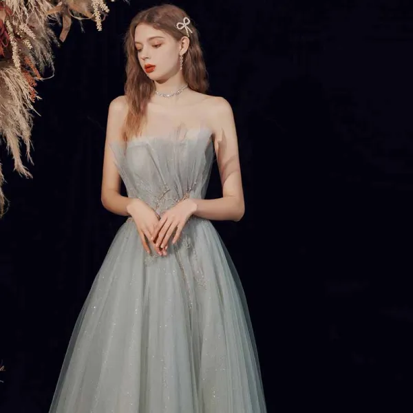 Élégant Vert Cendré Dansant Robe De Bal 2021 Princesse Bustier Sans Manches Perlage Glitter Tulle Longue Volants Dos Nu Robe De Ceremonie