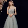 Elegant Sage Green Dancing Prom Dresses 2021 A-Line / Princess Strapless Sleeveless Beading Glitter Tulle Floor-Length / Long Ruffle Backless Formal Dresses