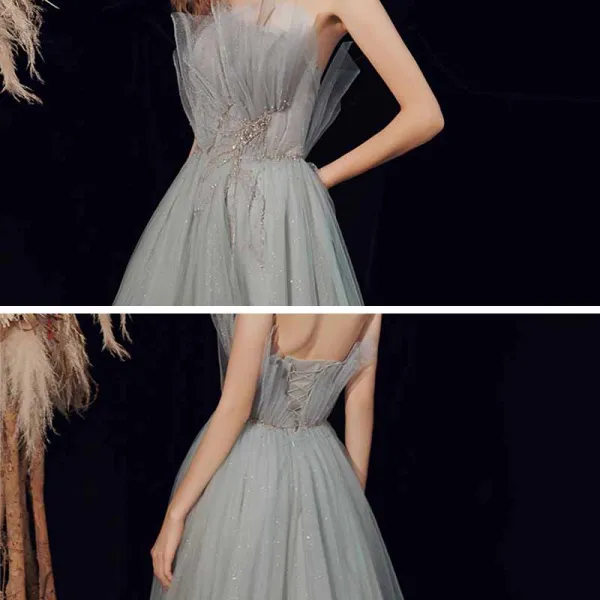 Élégant Vert Cendré Dansant Robe De Bal 2021 Princesse Bustier Sans Manches Perlage Glitter Tulle Longue Volants Dos Nu Robe De Ceremonie