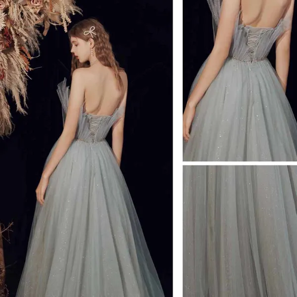 Élégant Vert Cendré Dansant Robe De Bal 2021 Princesse Bustier Sans Manches Perlage Glitter Tulle Longue Volants Dos Nu Robe De Ceremonie