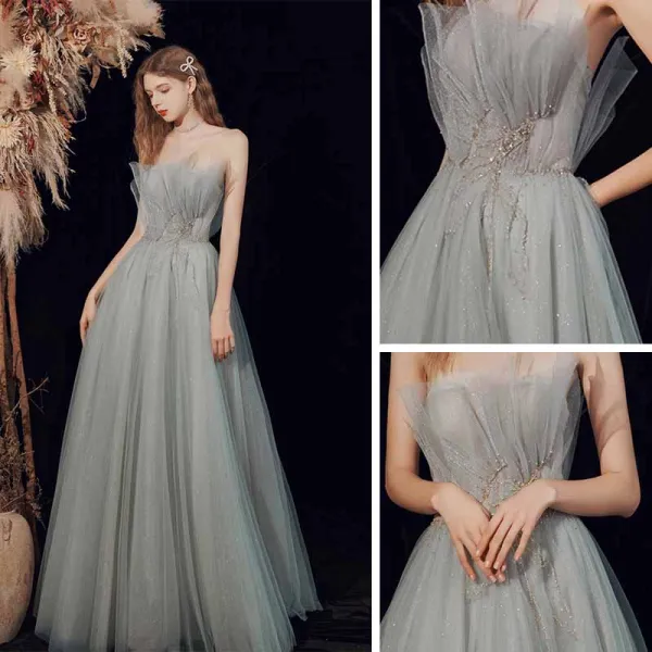 Élégant Vert Cendré Dansant Robe De Bal 2021 Princesse Bustier Sans Manches Perlage Glitter Tulle Longue Volants Dos Nu Robe De Ceremonie