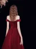Modest / Simple Burgundy Dancing Prom Dresses 2021 A-Line / Princess Off-The-Shoulder Short Sleeve Sash Floor-Length / Long Pleated Backless Formal Dresses
