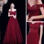 Modest / Simple Burgundy Dancing Prom Dresses 2021 A-Line / Princess Off-The-Shoulder Short Sleeve Sash Floor-Length / Long Pleated Backless Formal Dresses