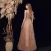 Bling Bling Brown Dancing Prom Dresses 2021 A-Line / Princess Spaghetti Straps Sleeveless Sequins Beading Floor-Length / Long Ruffle Backless Formal Dresses