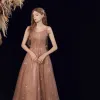 Bling Bling Brązowy Taniec Sukienki Na Bal 2021 Princessa Spaghetti Pasy Bez Rękawów Cekiny Frezowanie Długie Wzburzyć Bez Pleców Sukienki Wizytowe