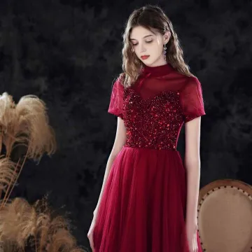 Vintage Retro Burgundy Dancing Prom Dresses 2021 A Line Princess See Through High Neck Puffy Short Sleeve Beading Sequins Floor Length Long Ruffle Backless Formal Dresses