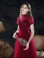 Vintage / Retro Burgundy Dancing Prom Dresses 2021 A-Line / Princess See-through High Neck Puffy Short Sleeve Beading Sequins Floor-Length / Long Ruffle Backless Formal Dresses