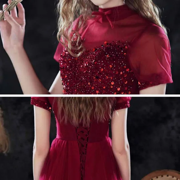 Vintage / Retro Burgundy Dancing Prom Dresses 2021 A-Line / Princess See-through High Neck Puffy Short Sleeve Beading Sequins Floor-Length / Long Ruffle Backless Formal Dresses